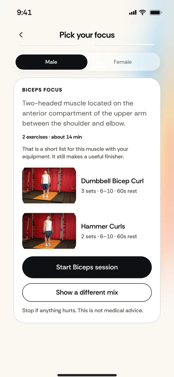A biceps session preview with exercises and a start button
