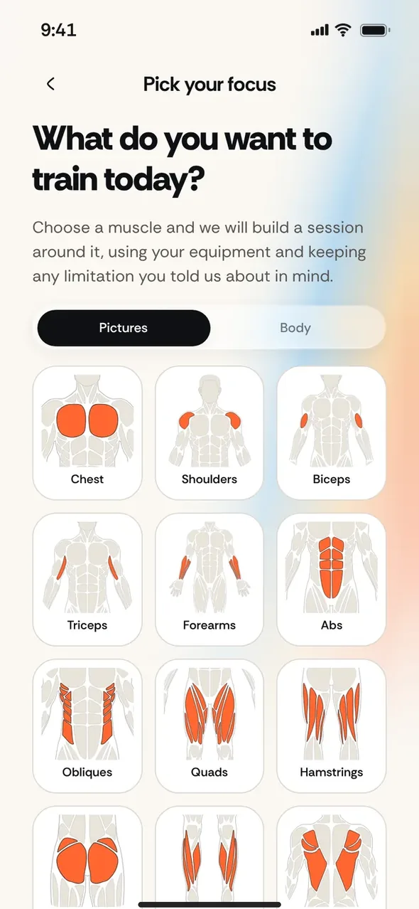 Pick your focus: tap a muscle to train it today