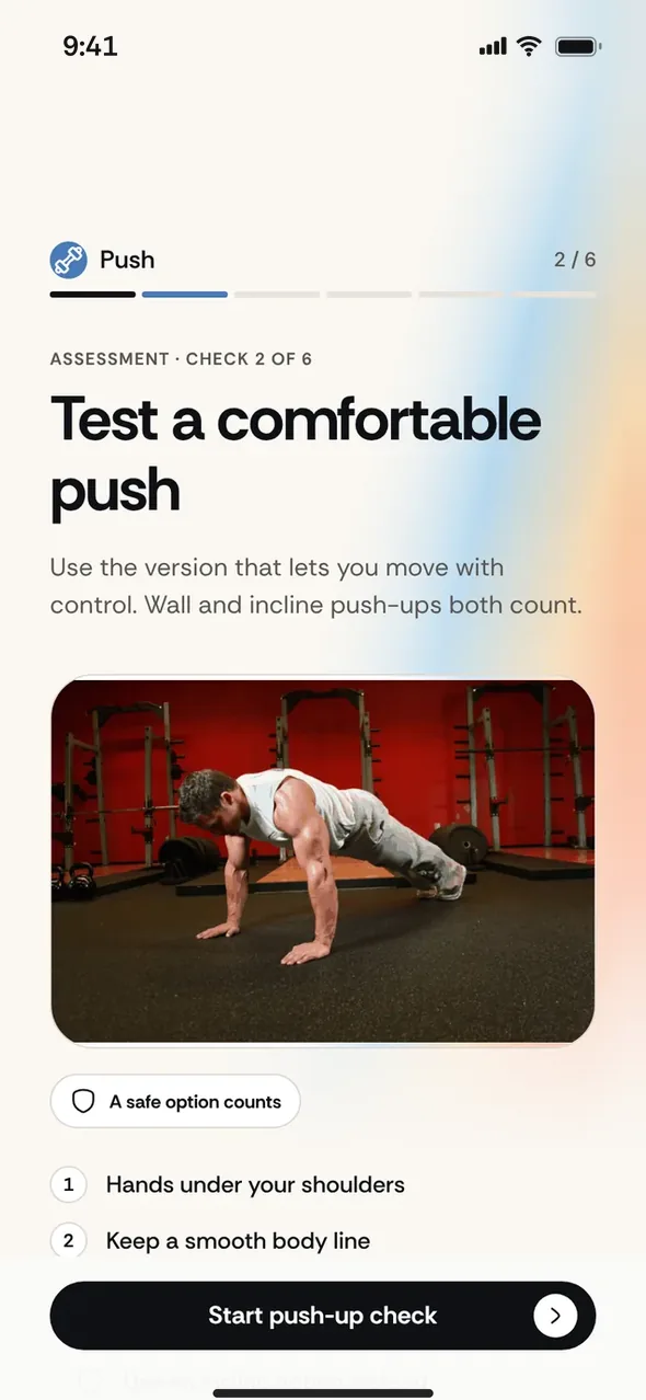 The push-up check in the Lvl Up assessment, with a real exercise demonstration